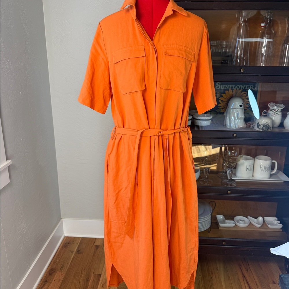 Camomilla Italia Orange Linen Blend Belted Shirt Dress Size XL